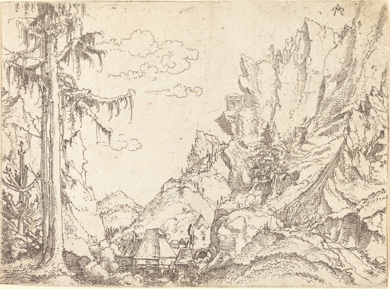 Berglandschap, 1510-1525 door Erhard Altdorfer