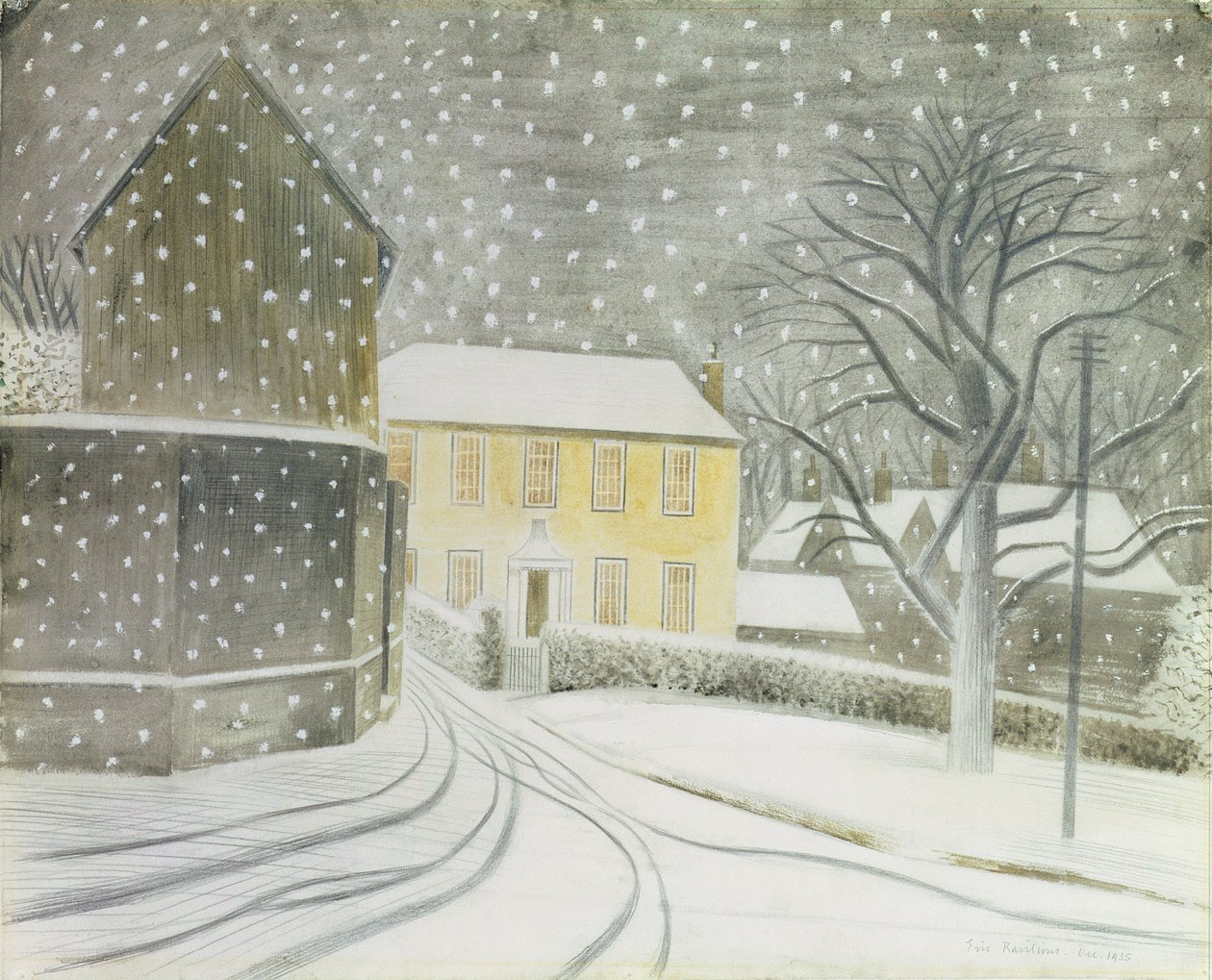 Halstead Road in de sneeuw door Eric Ravilious