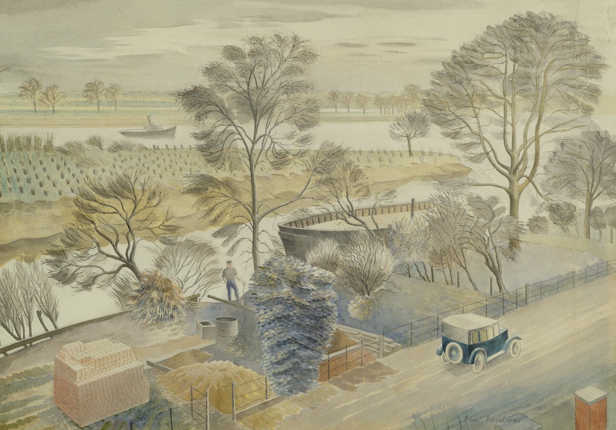 De rivier de Theems bij Hammersmith door Eric Ravilious