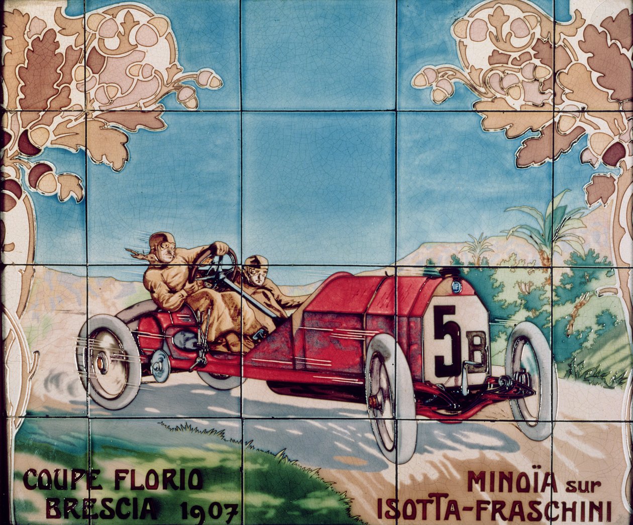 Minoia rijdt in een Isotta Fraschini-auto in de Florio Brescia Cup van 1907: keramische tegels vervaardigd door Gilardoni Fils et Cie uit Parijs, naar een tekening van Ernest Montaut (1877-1909), 1908-10 door Ernest Montaut