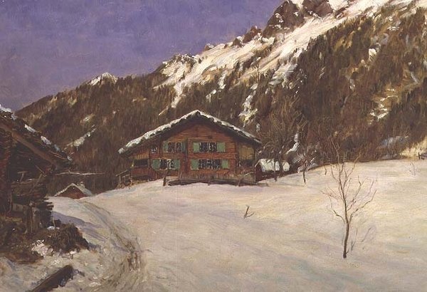 Chalet in de sneeuw door Ernest Albert Waterlow