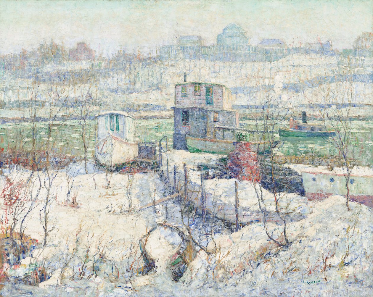Botenhuis, Winter, Harlem River door Ernest Lawson