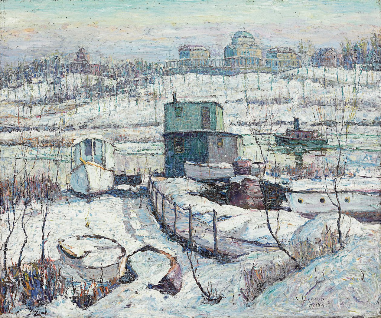 Botenhuis, winter, Harlem River door Ernest Lawson
