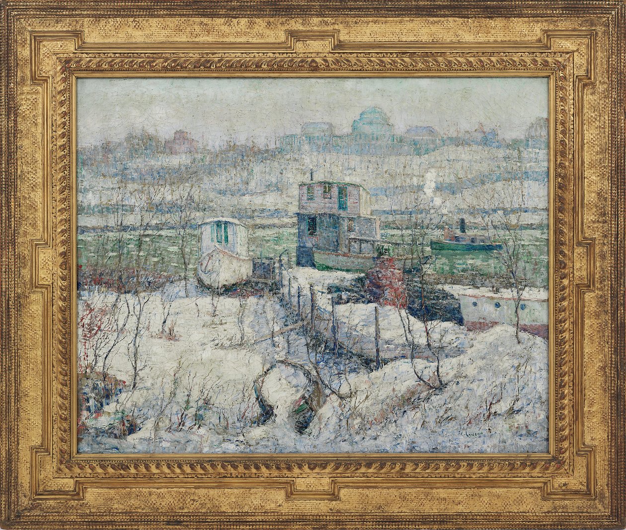 Botenhuis, winter, Harlem River door Ernest Lawson