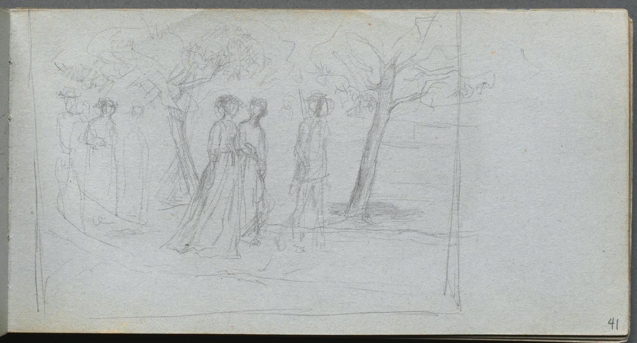 Schetsboek, pagina 41: Figuren in een landschap door Ernest Meissonier
