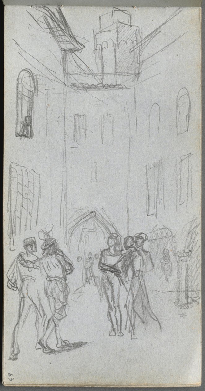 Schetsboek, pagina 63: Figuren in een binnenplaats door Ernest Meissonier