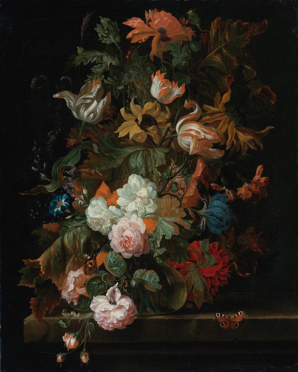 Stilleven met bloemen in een glazen vaas met vlinder door Ernst Stuven