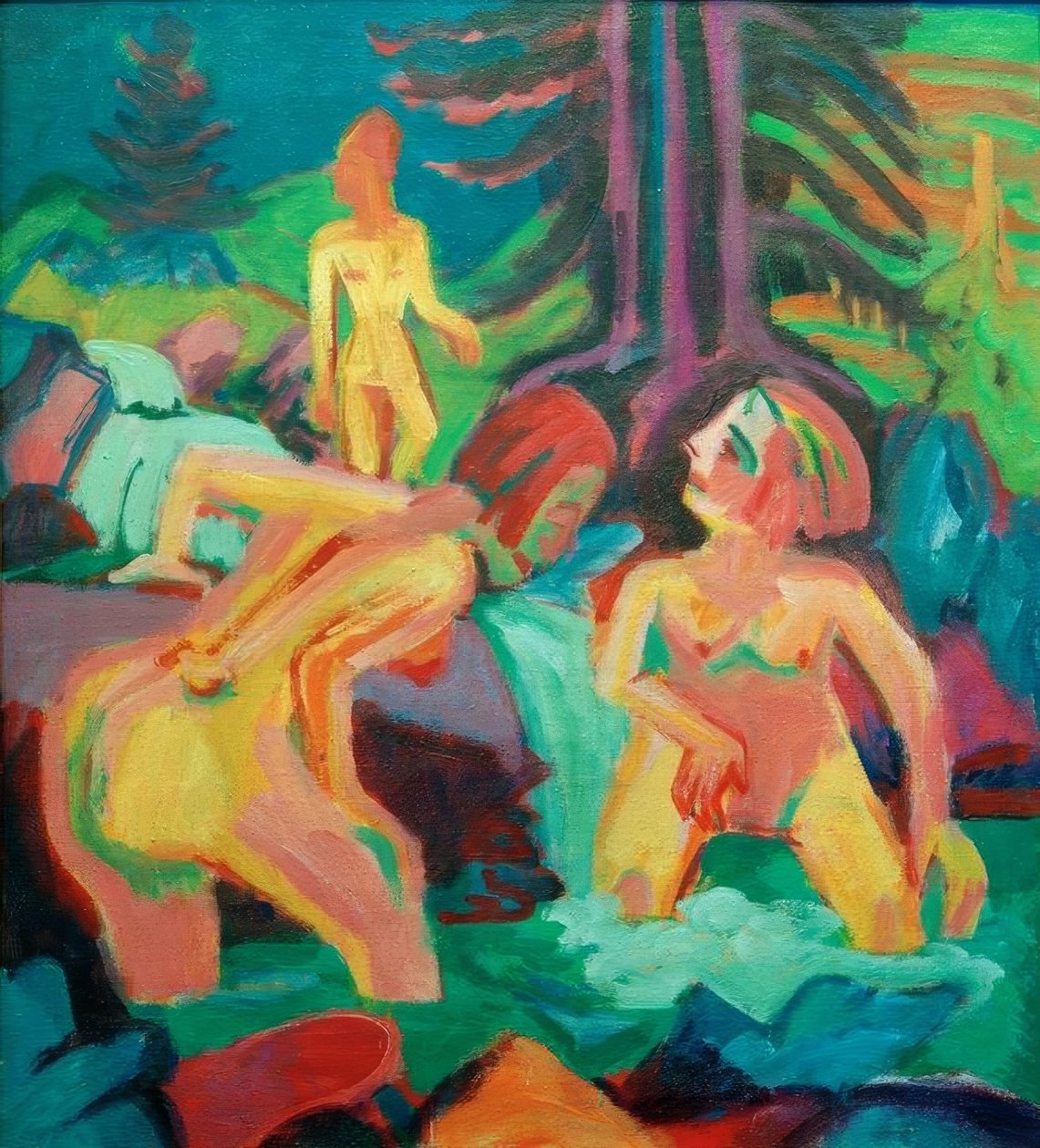 Naakte vrouwen badend in de bergbeek door Ernst Ludwig Kirchner