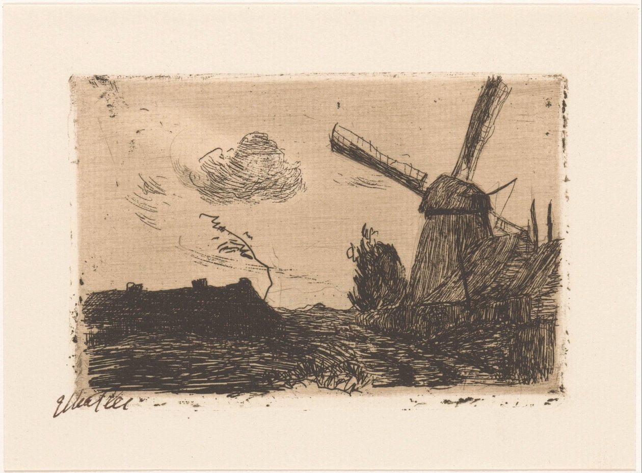 Molen bij een boerderij door Etha Fles (signed by artist)