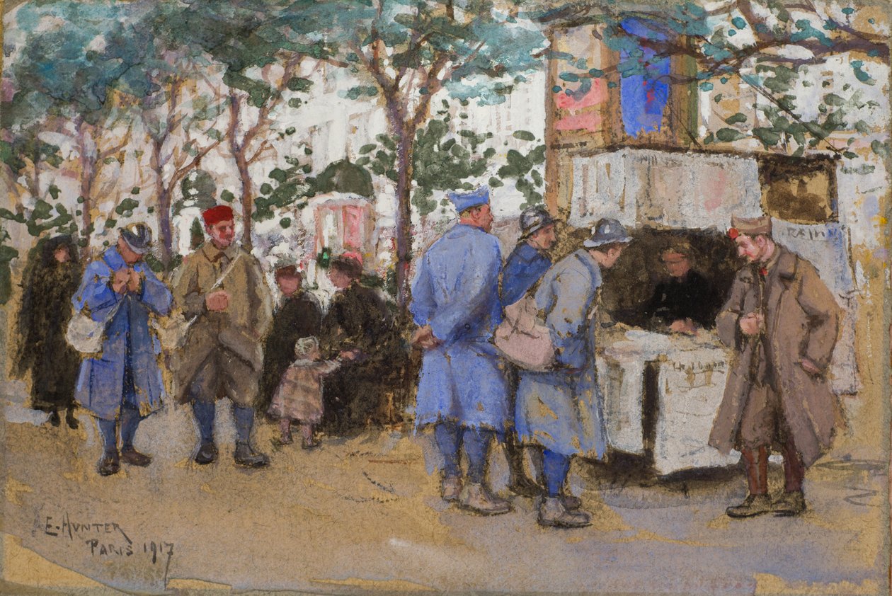 Soldaten bij een krantenkiosk, Parijs, 1917 door Ethel Hunter