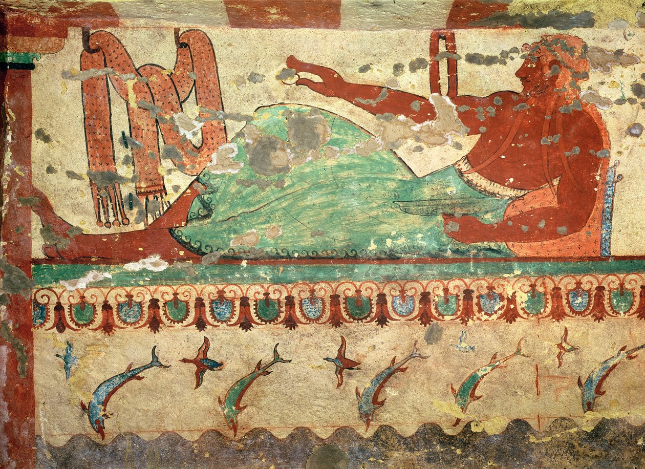 Een gast op een begrafenisbanket met een ei in zijn hand, uit het Graf van de Leeuwen, c.520 v.Chr. door Etruscan