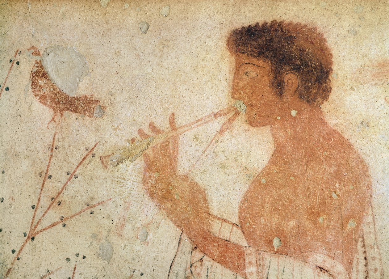 (detail) Muzikant die een dubbele fluit bespeelt, uit het graf van het triclinium, c.470 v.Chr. door Etruscan