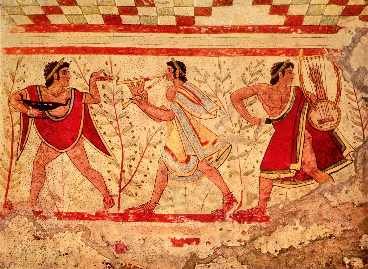 Etruskische muzikanten, kopie van een 5e-eeuwse v.Chr. fresco in het graf van de Luipaard in Tarquinia door Etruscan