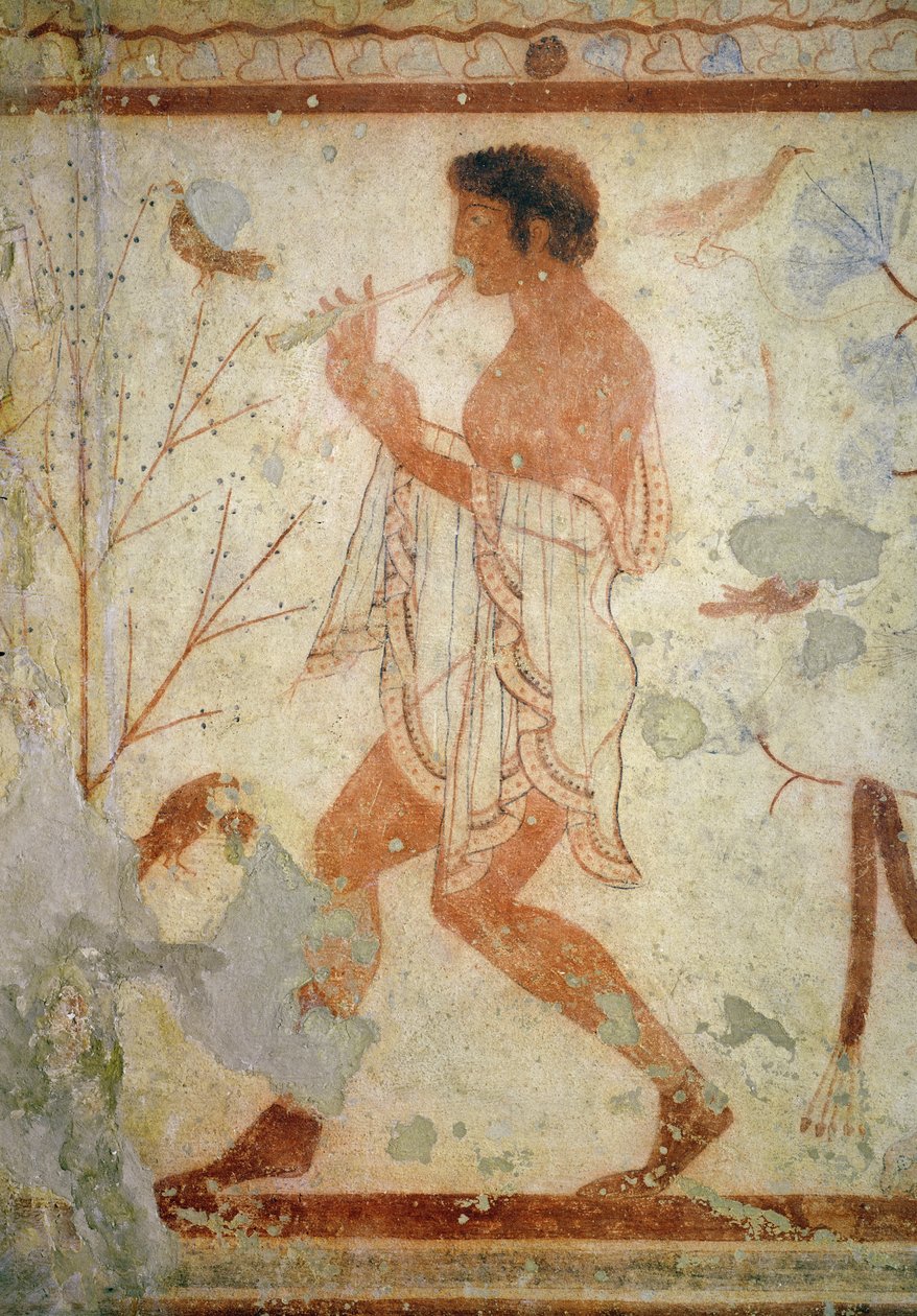 Muzikant die een dubbele fluit bespeelt, uit het graf van het triclinium, ca. 470 v.Chr. (muurschildering) door Etruscan