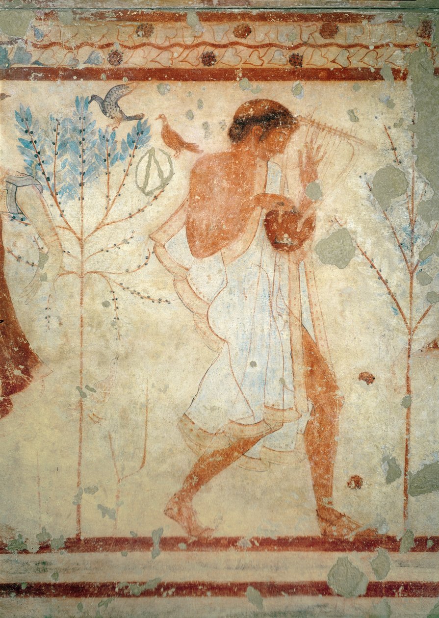 Muzikant die de citer of de lier bespeelt, uit het Graf van de Triclinium, ca. 470 v.Chr. door Etruscan