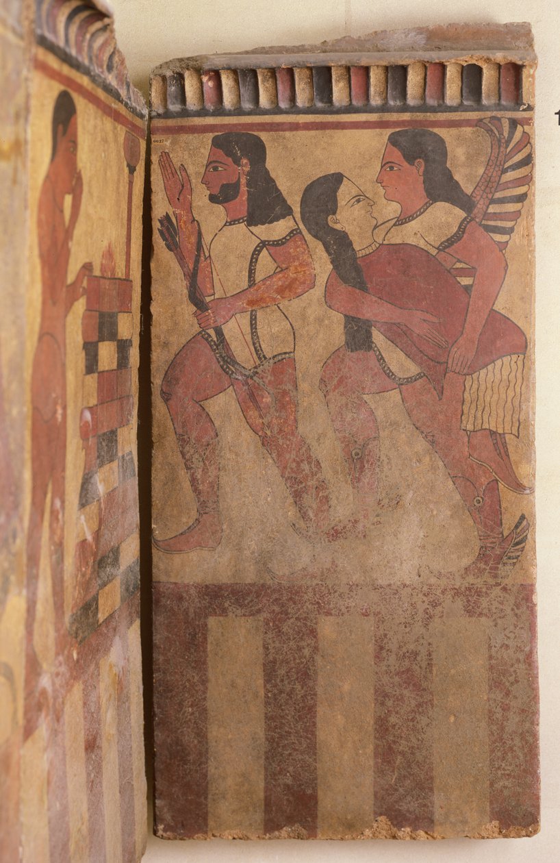 De Campana Plaque, een gevleugelde genie draagt een vrouw weg, vergezeld door een boogschutter, ca. 550-525 v.Chr. (detail) door Etruscan