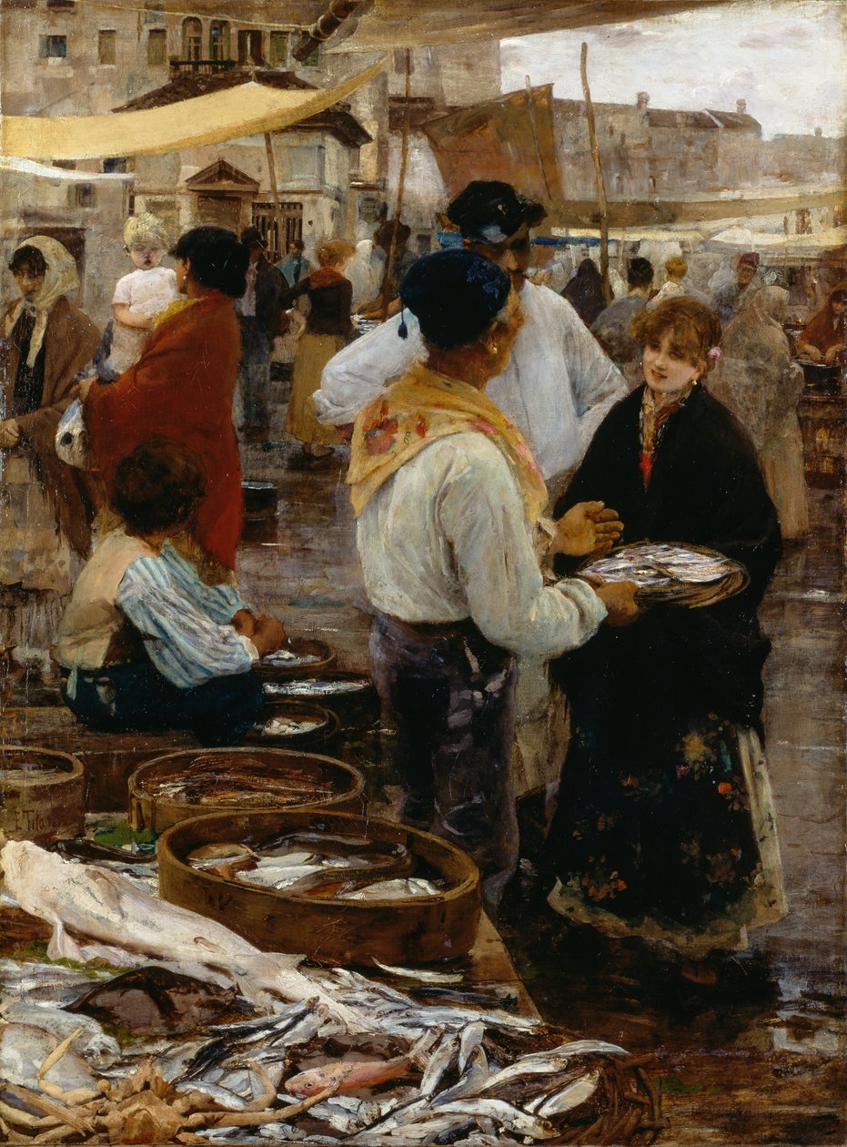 Vismarkt in Venetië door Ettore Tito