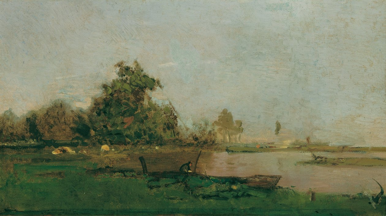 Rivierlandschap met boot door Eugen Jettel