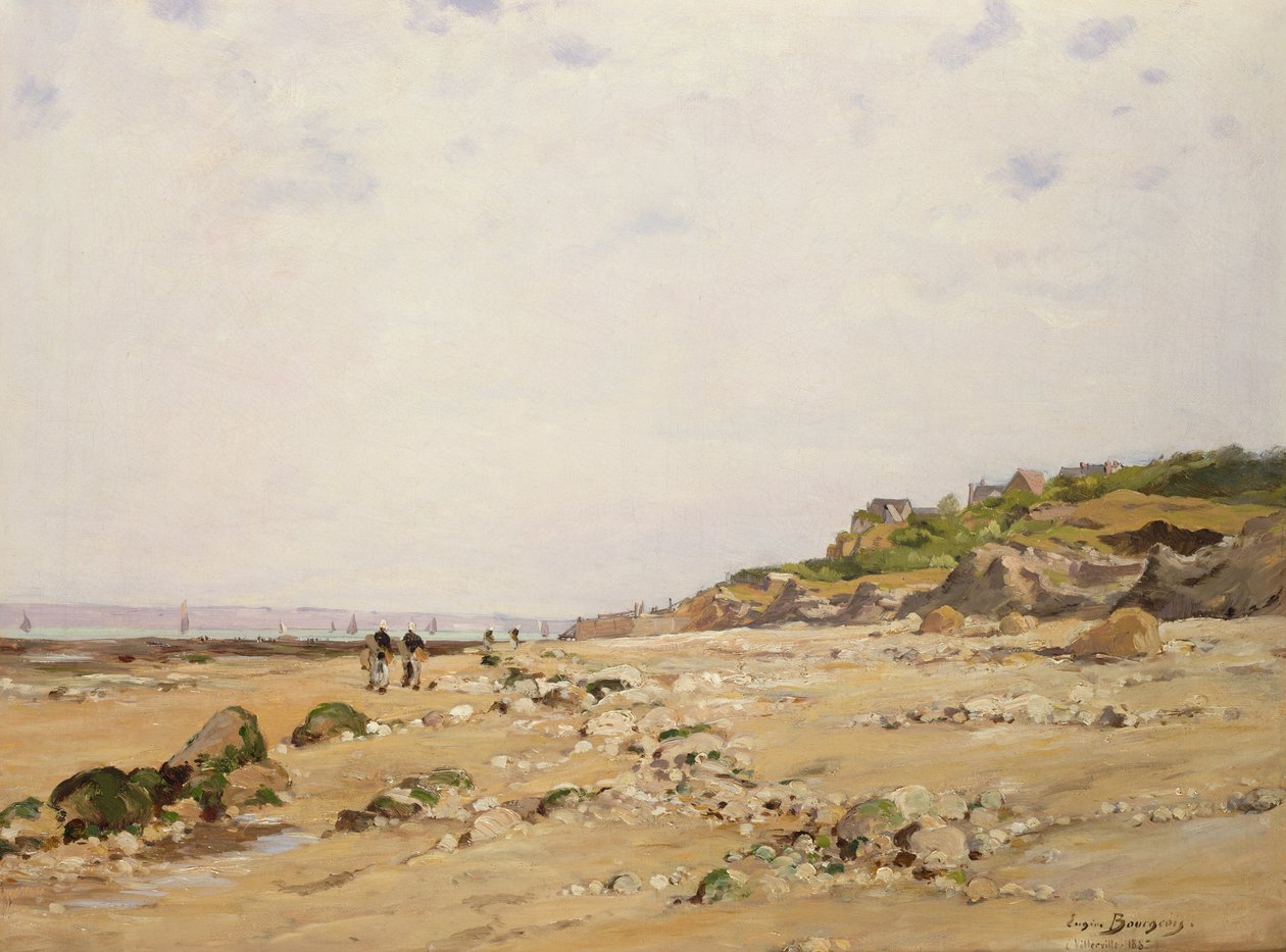 Het strand van Villerville, 1887 door Eugene Bourgeois