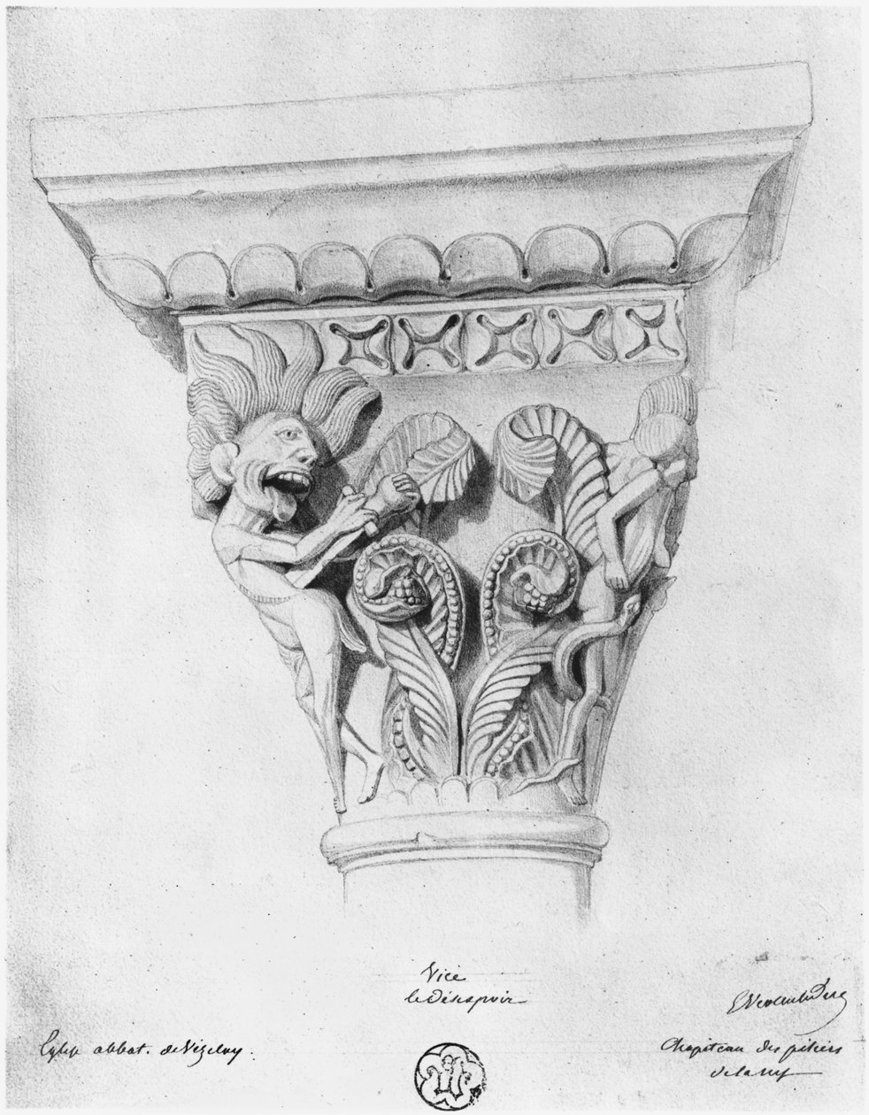 Kapiteel dat de ondeugd van wanhoop illustreert, Abdijkerk van La Madeleine, Vezelay, Frankrijk door Eugene Emmanuel Viollet le Duc