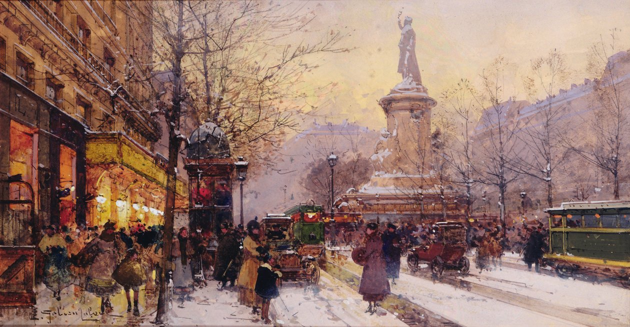 Winters Parijs straatbeeld door Eugene Galien Laloue