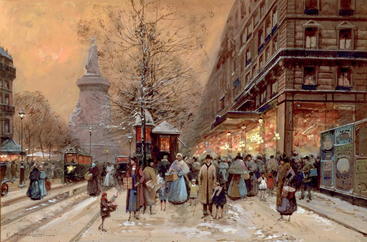 Een drukke boulevard nabij de Place de la Republique, Parijs door Eugene Galien Laloue