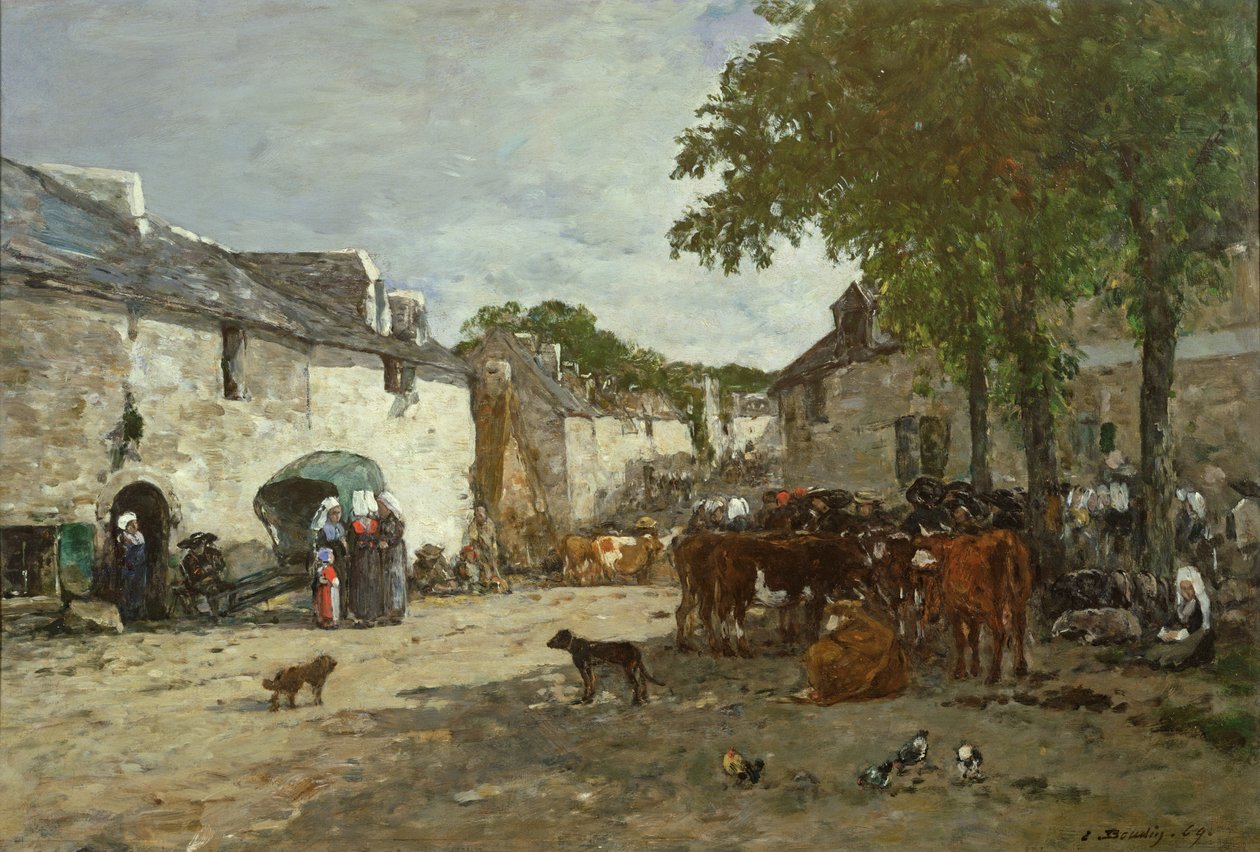 Dierenmarkt in Daoulas, 1869 door Eugene Louis Boudin