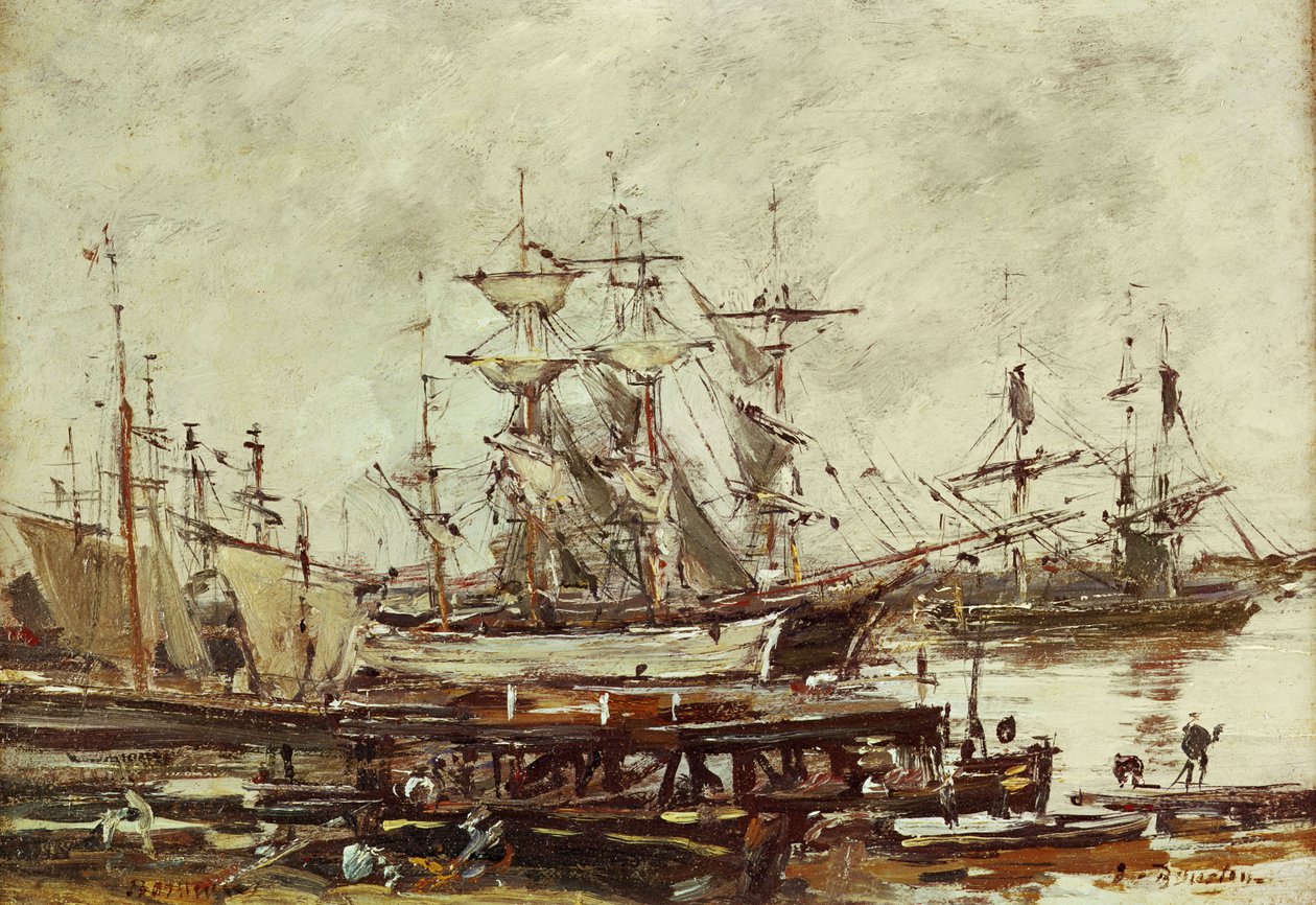 Zeilschepen in de haven van Bordeaux door Eugene Louis Boudin