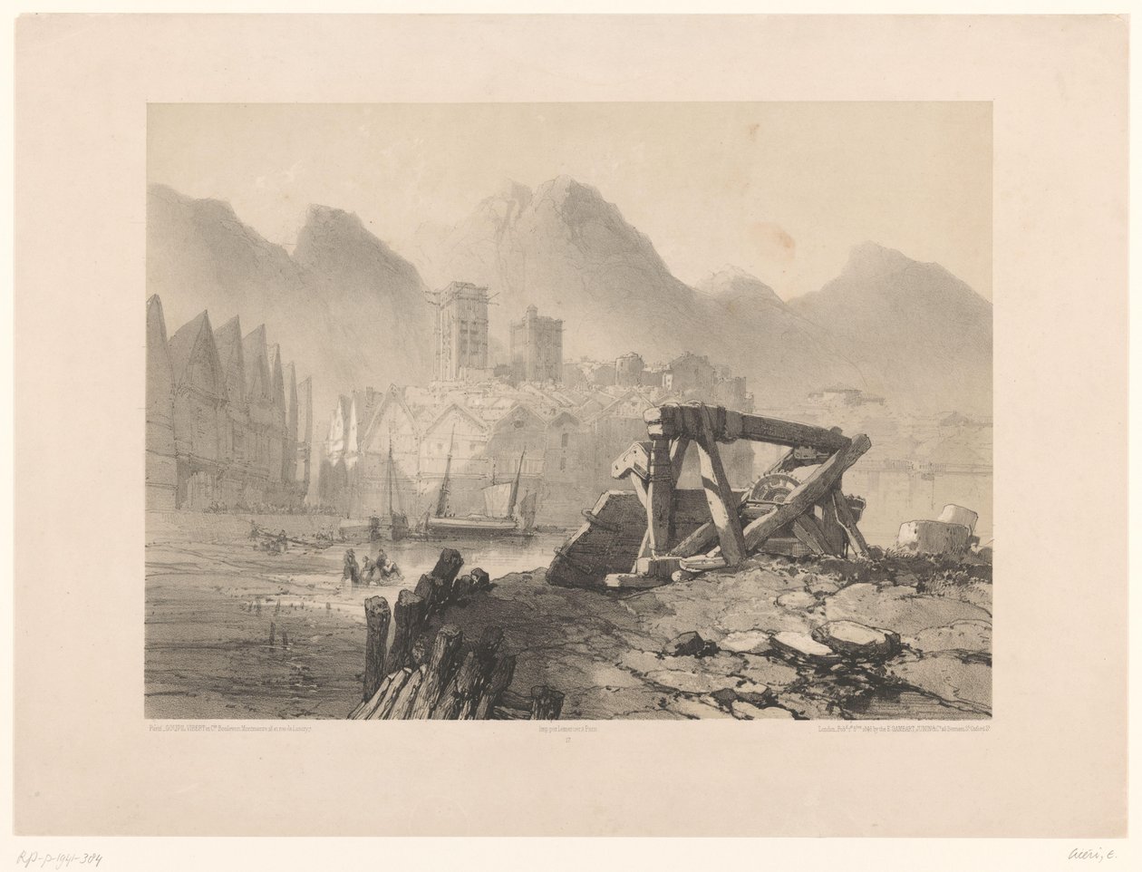 Stadsgezicht met haven en bergen door Eugene Ciceri