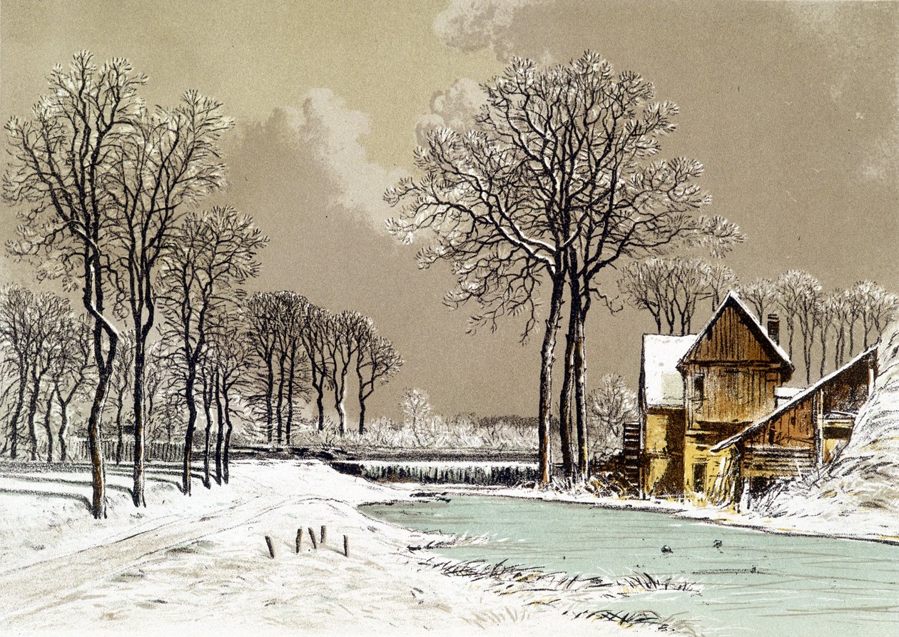 Winterlandschap - Chromolithografie van Ciceri, n.d. door Eugene Ciceri