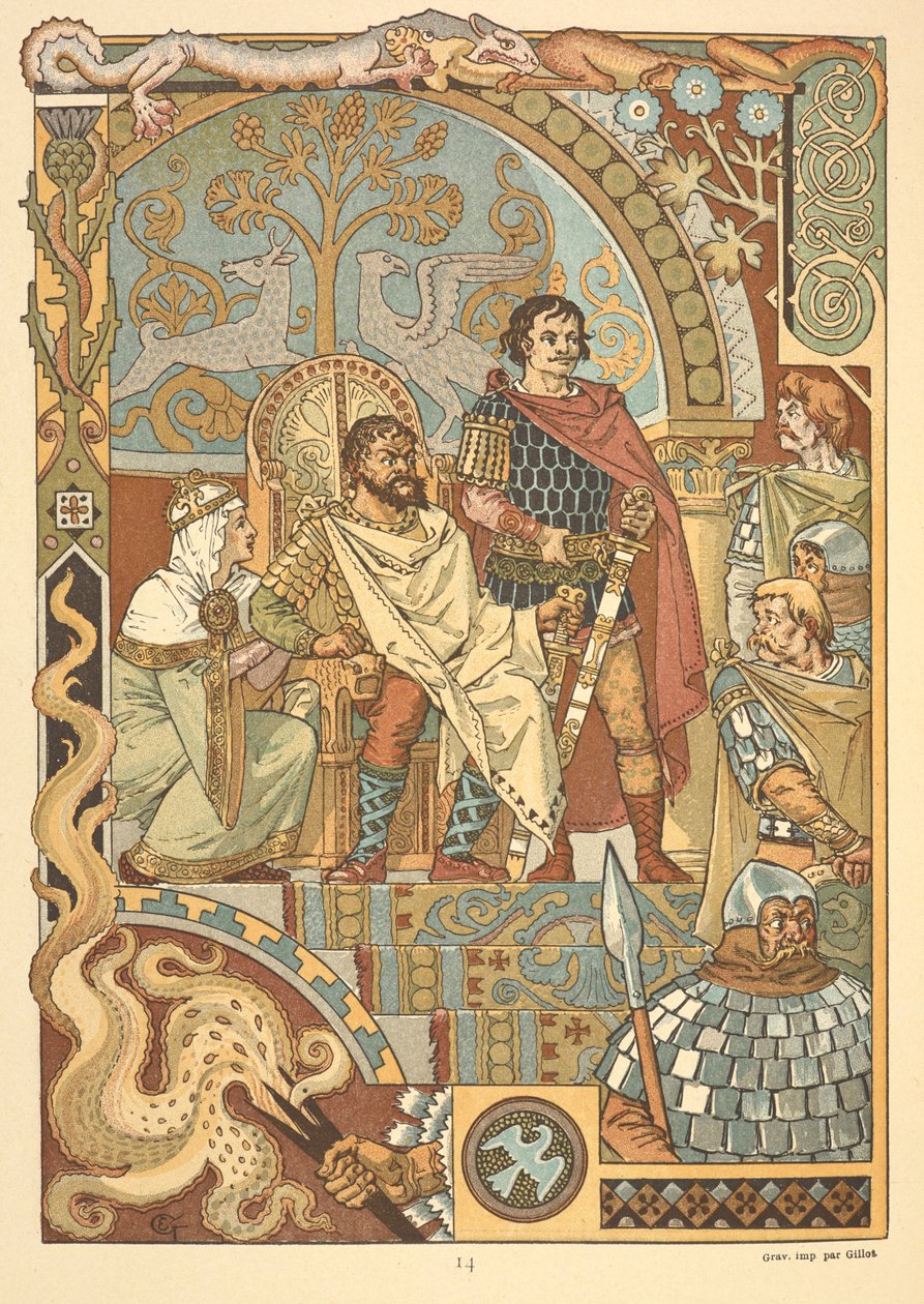 Een koning op zijn troon, in de rechtbank. door Eugene Grasset