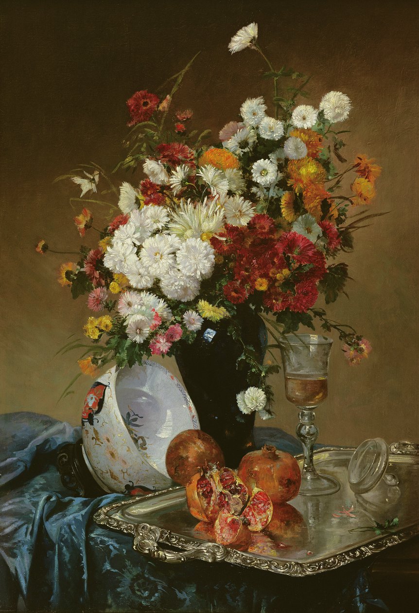 Stilleven met bloemen en granaatappels door Eugene Henri Cauchois