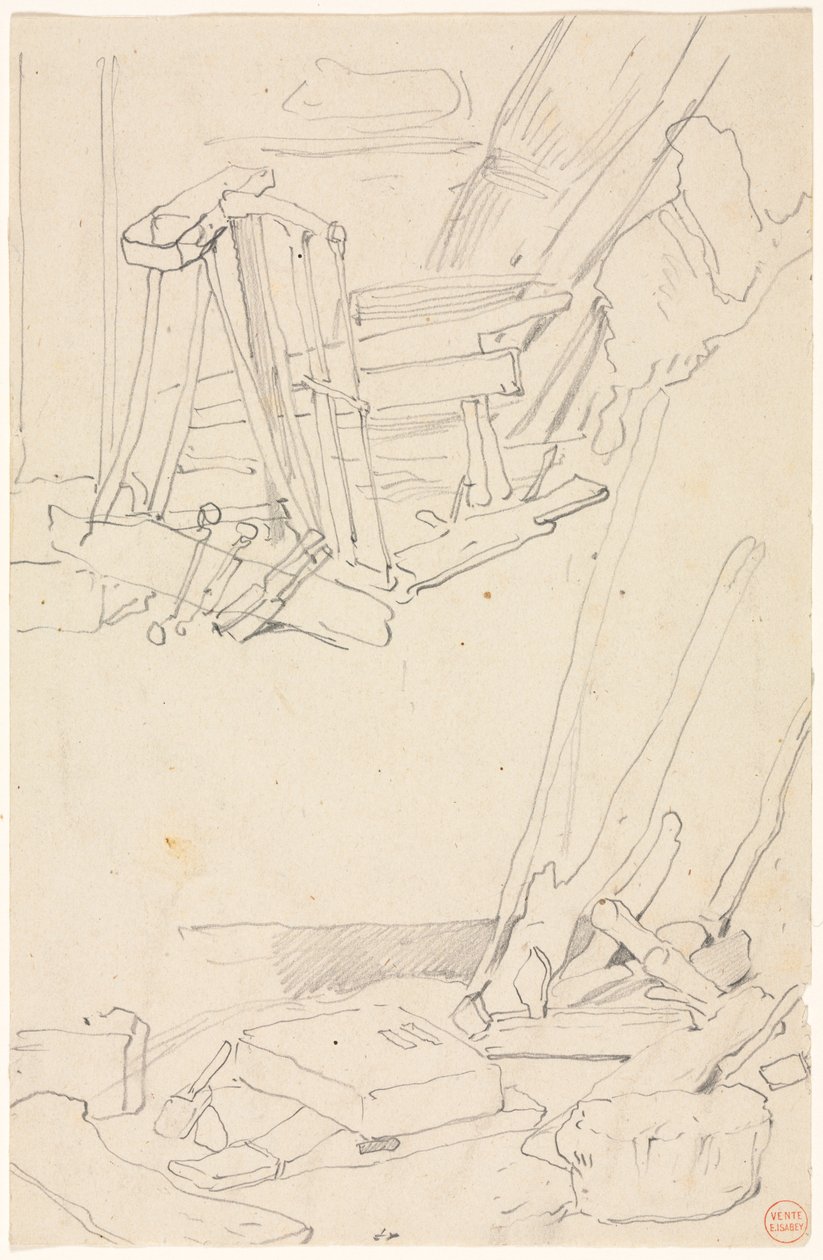 Studies van Hout en Boerderijgereedschap door Eugene Isabey