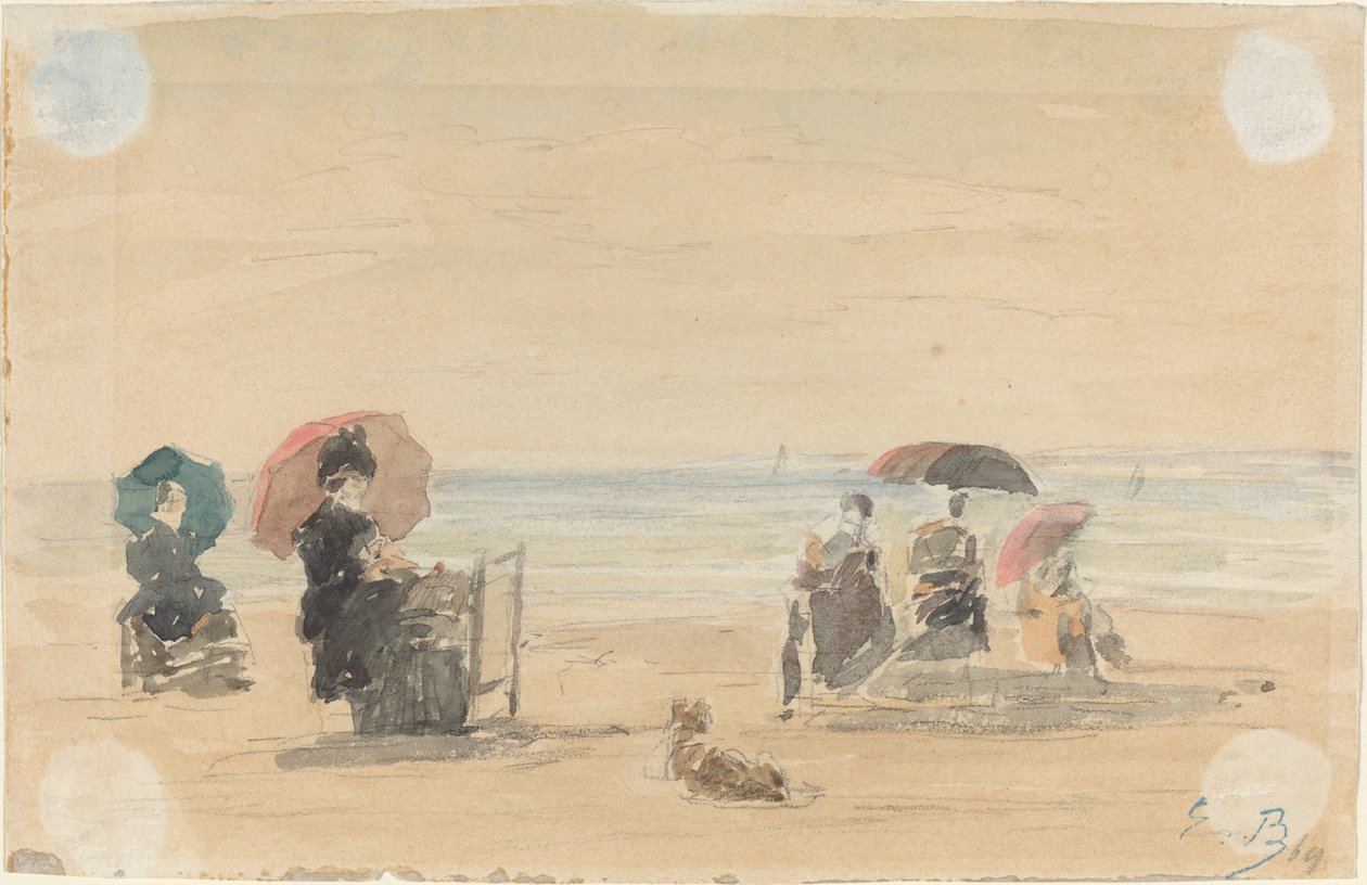 Zonneschermen, Trouville, 1869 door Eugene Louis Boudin