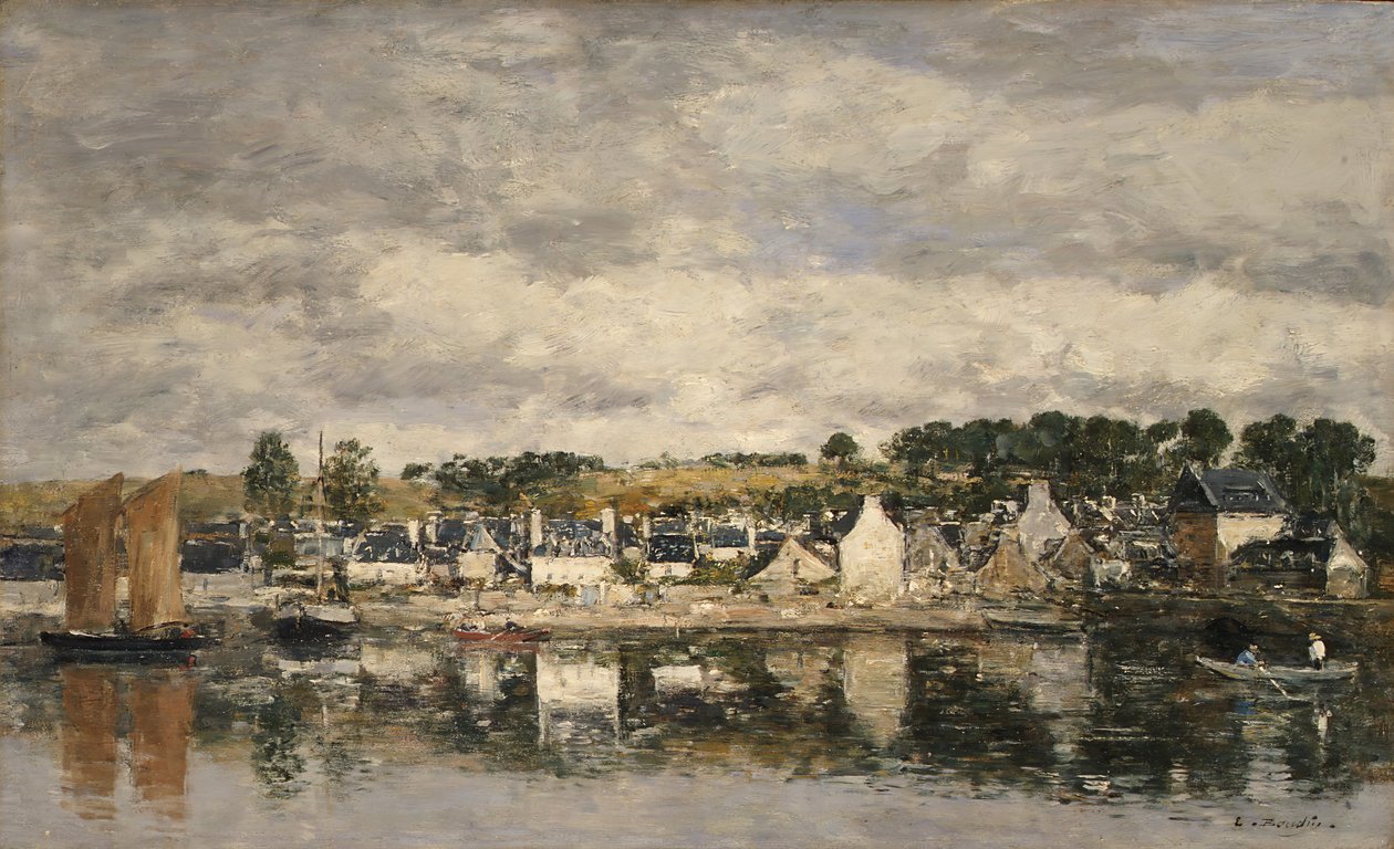 Dorp bij een rivier door Eugene Louis Boudin