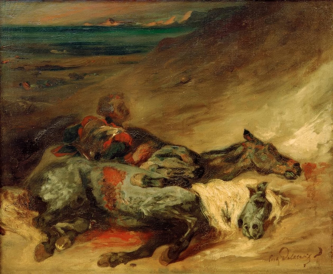 De Twee Dode Paarden op het Slagveld door Ferdinand Victor Eugene Delacroix