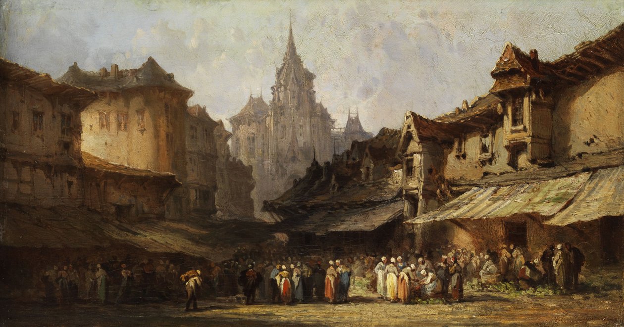 Marktscène in een kleine stad door Eugene Isabey