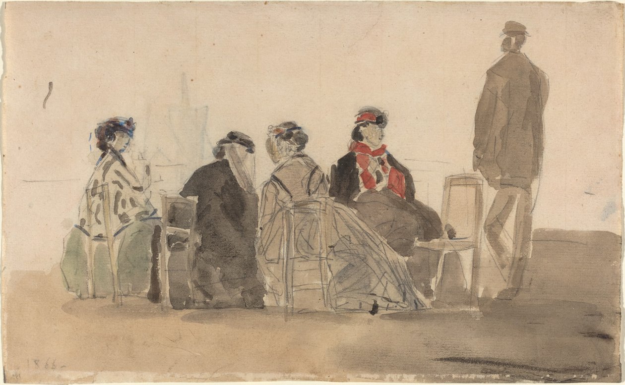 Vier Dames Zittend in Trouville door Eugène Boudin