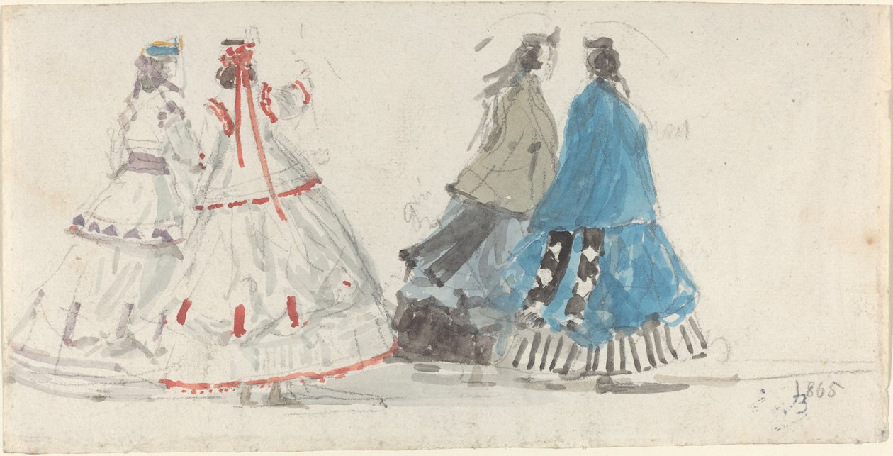 Vier Dames in Crinolines Wandelen in Trouville door Eugène Boudin