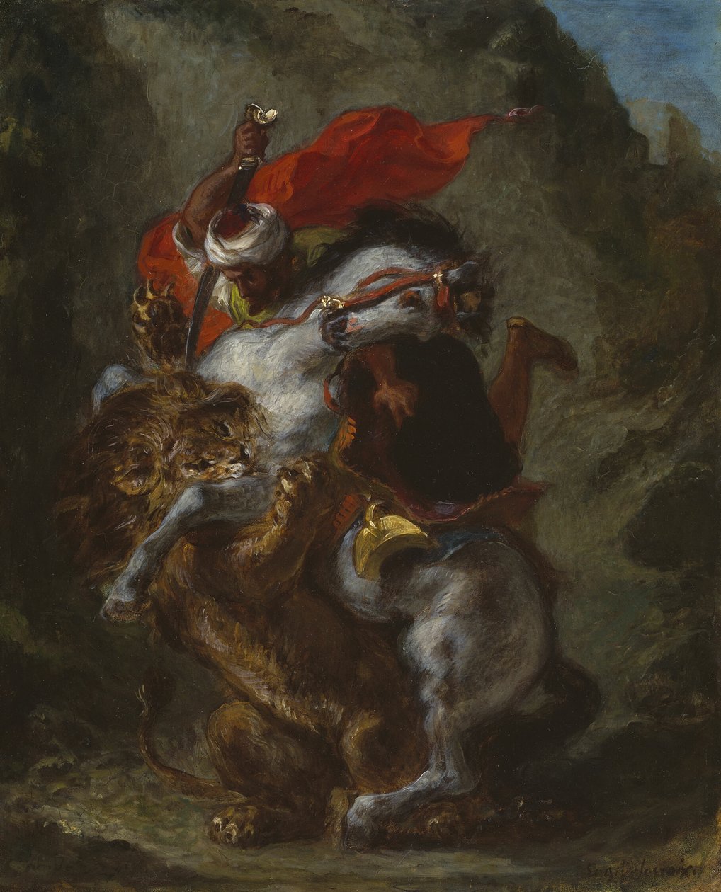 Arabische ruiter aangevallen door een leeuw door Eugène Delacroix