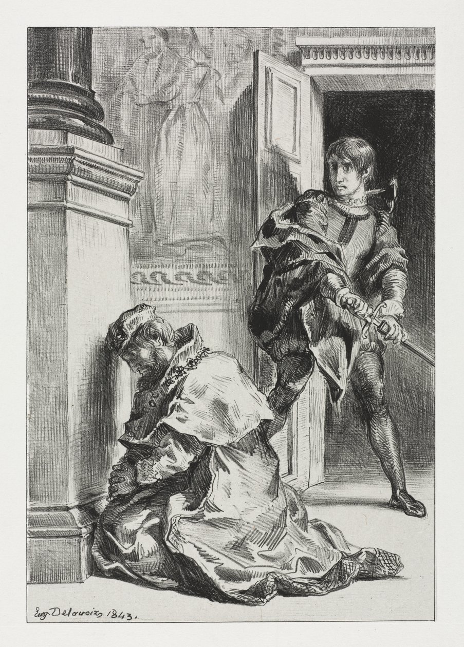 Hamlet: Hamlet probeert de koning te doden door Eugène Delacroix