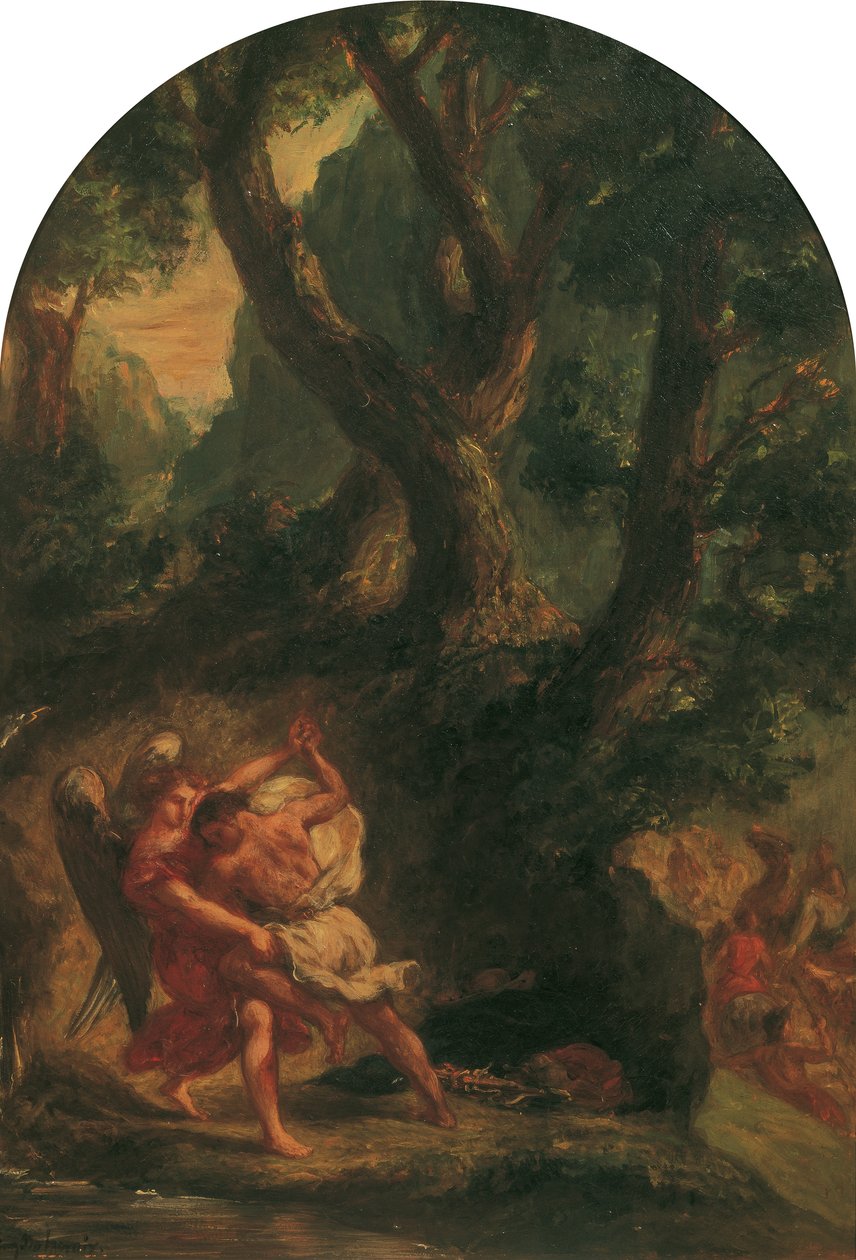 Jakob worstelt met de engel door Eugène Delacroix