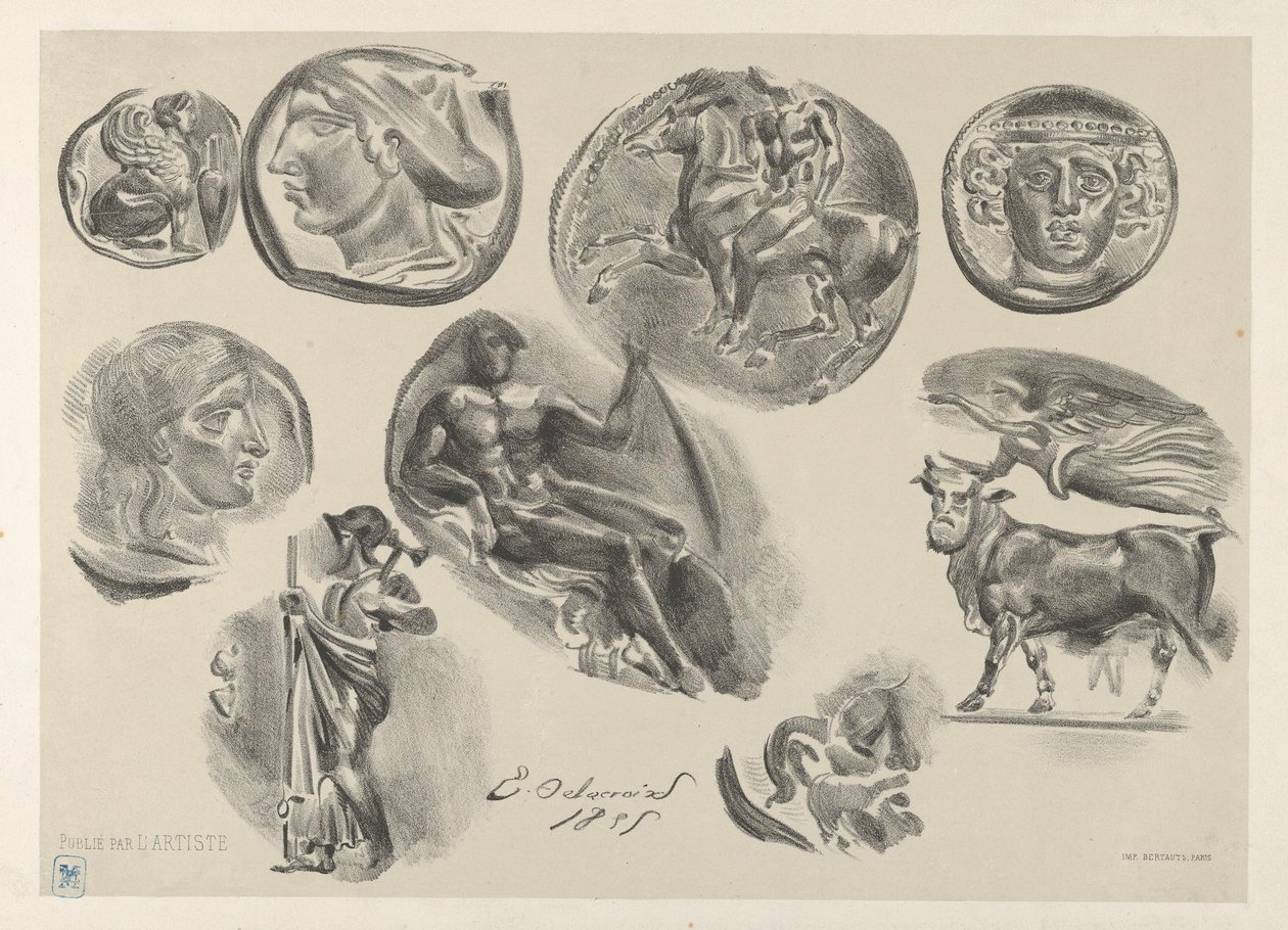 Blad met negen antieke munten, 1825 door Eugène Delacroix