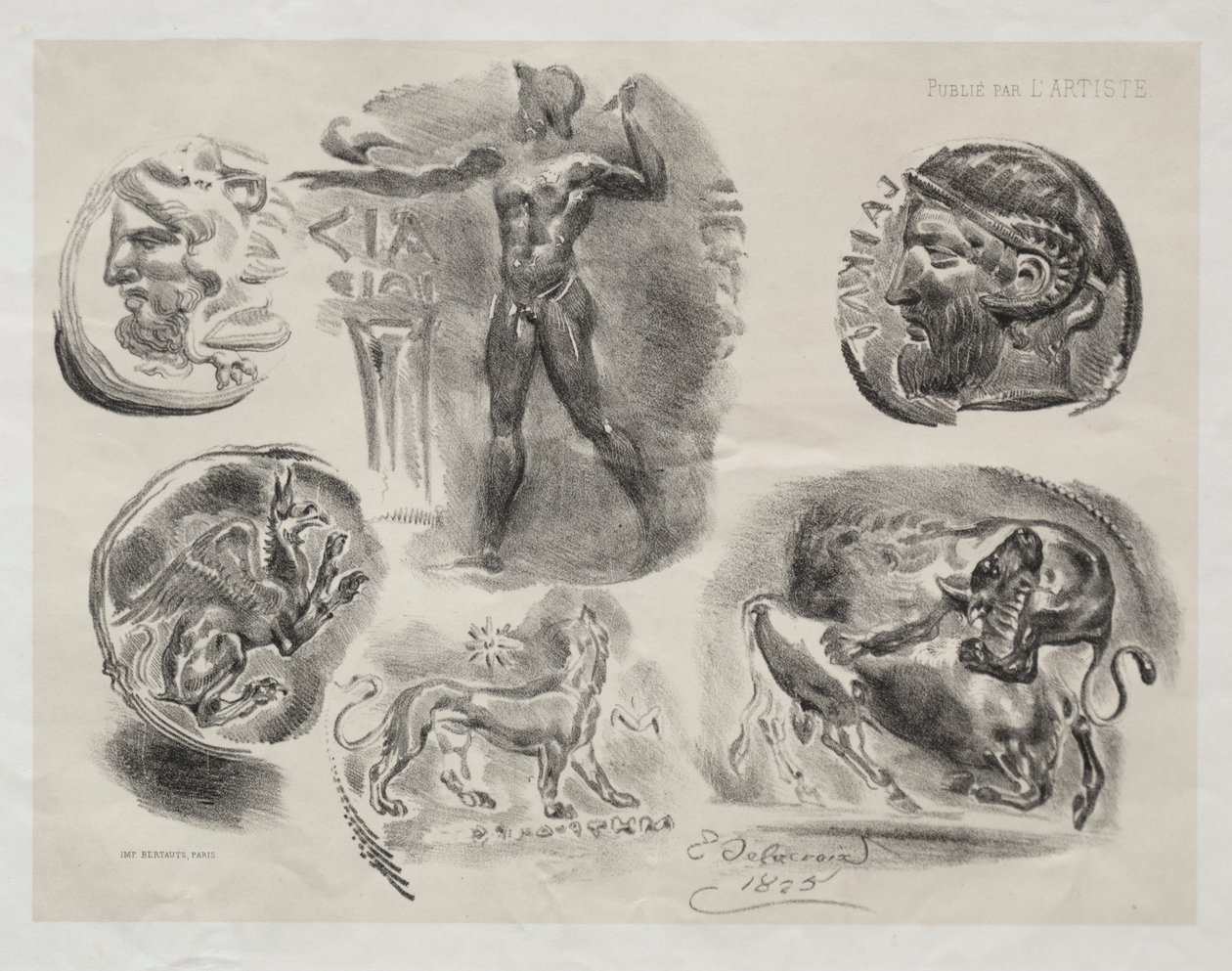 Blad met zes antieke medailles door Eugène Delacroix