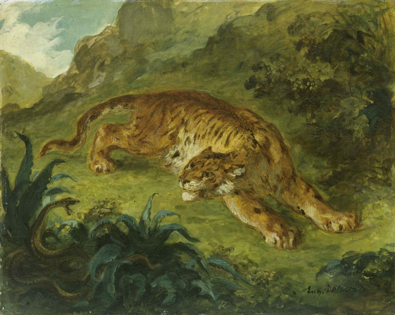 Tijger en slang door Eugène Delacroix