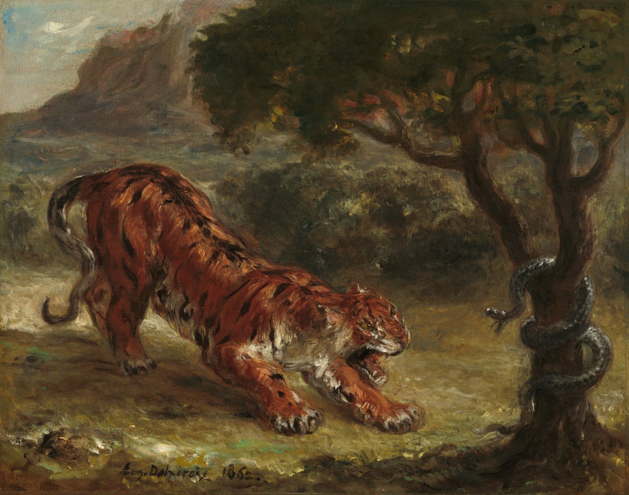 Tijger en slang door Eugène Delacroix