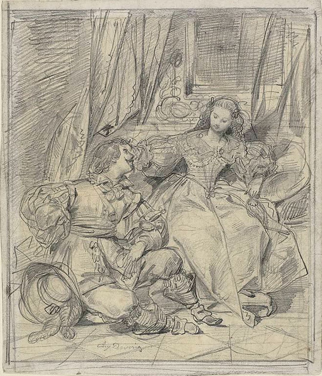 Dame en ridder door Eugène François Marie Joseph Devéria