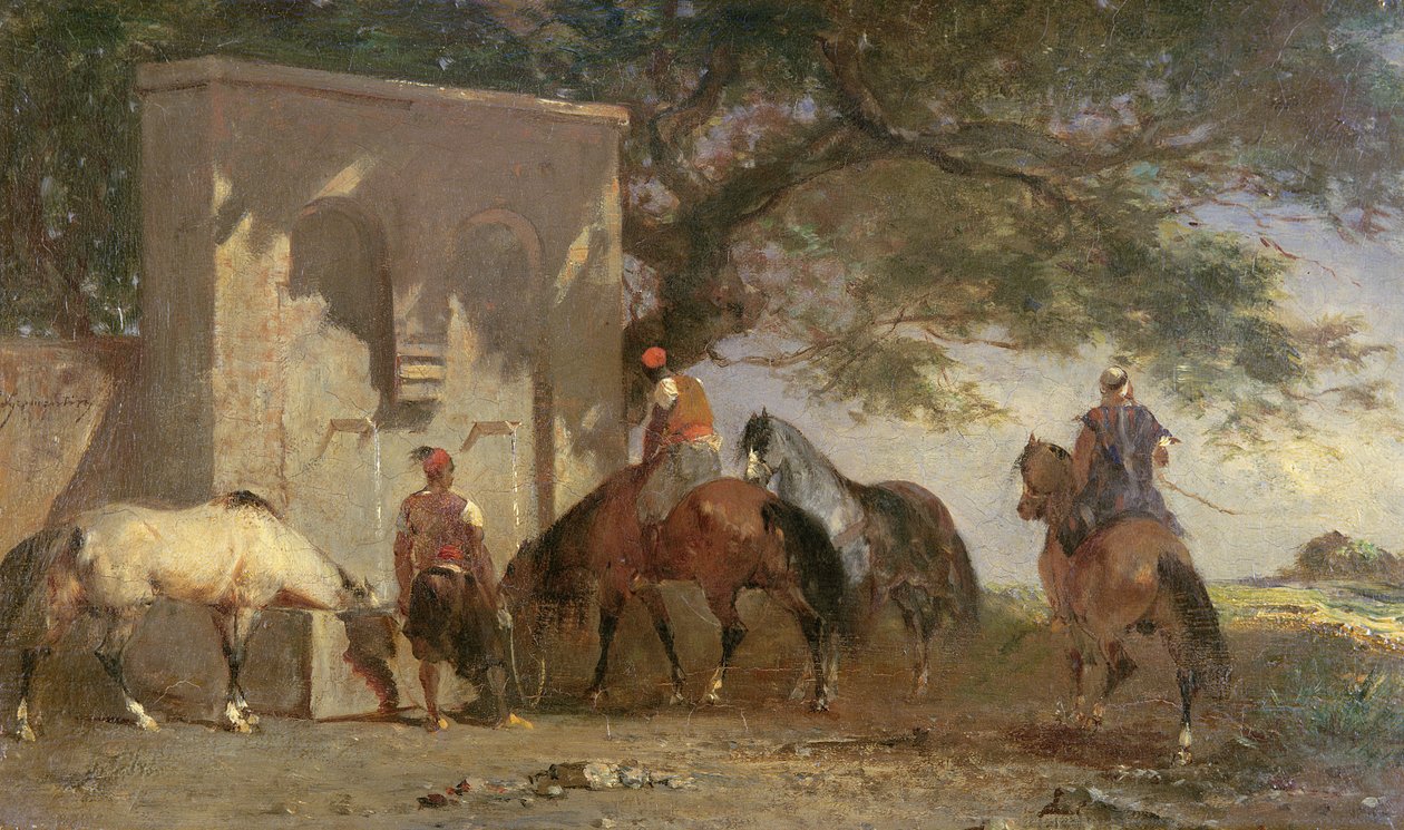 Arabieren die hun paarden drenken, c.1865-75 door Eugène Fromentin