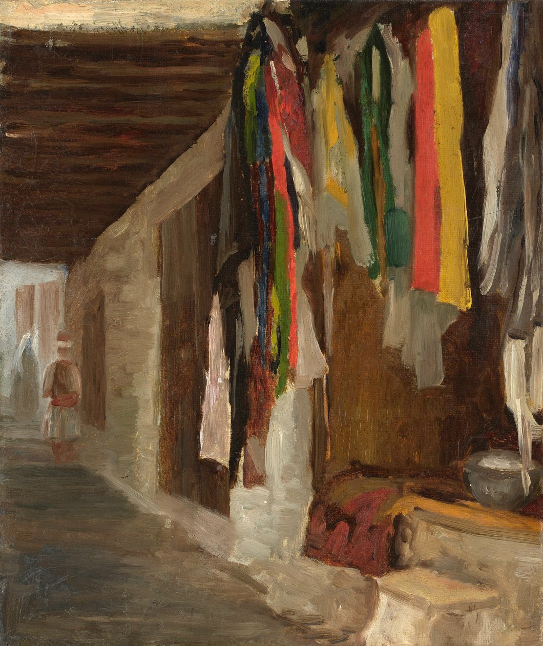 De ververijen in de souk, Algiers door Eugene Isabey
