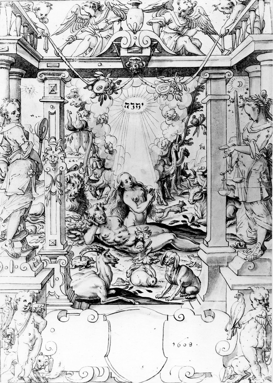 Adam en Eva, 1609 (pen en inkt) door European School
